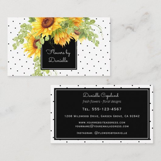 Waterverf Sunflower Bouquet en Polka Dots Visitekaartje (Voorkant / Achterkant)