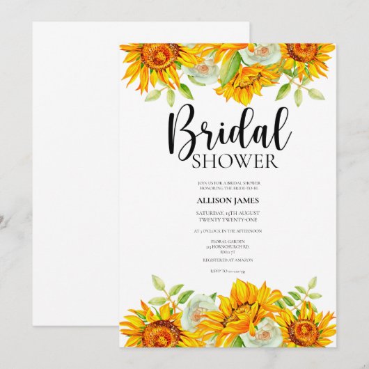 Waterverf Sunflower Bridal Shower Invitation Kaart (Voorkant / Achterkant)