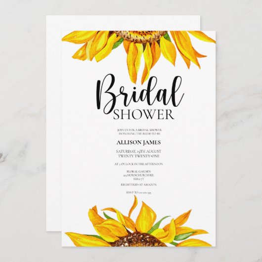 Waterverf Sunflower Bridal Shower Invitation Kaart (Voorkant / Achterkant)