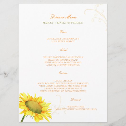 Waterverf Sunflower Country Weddenschap Menu (Voorkant)