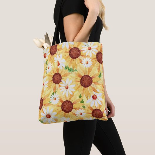 Waterverf Sunflower en Daisy Pattern Tote Bag (Dichtbij)