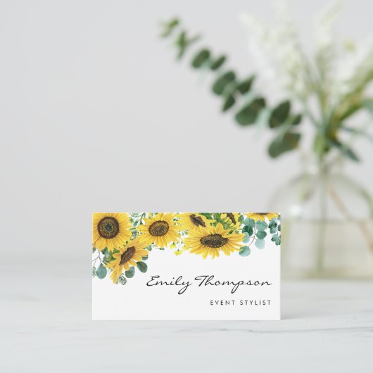 Waterverf Sunflower en Eucalyptus Leaves Script Visitekaartje (Staand voorkant)