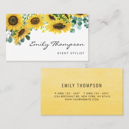 Waterverf Sunflower en Eucalyptus Leaves Script Visitekaartje (Voorkant / Achterkant)