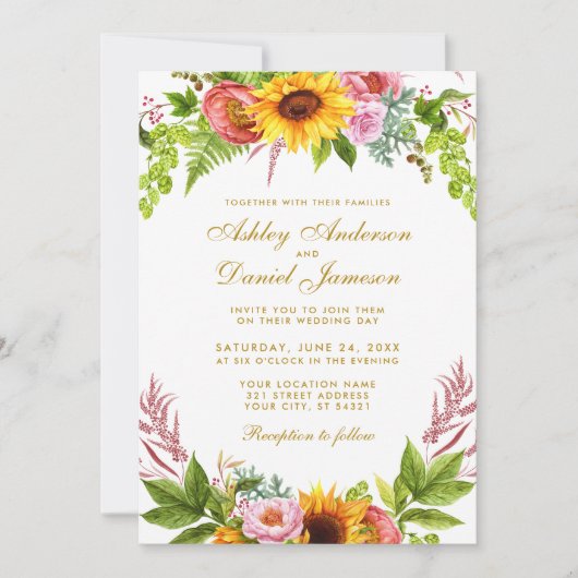 Waterverf Sunflower Floral Wedding Gold Kaart (Voorkant)