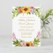 Waterverf Sunflower Floral Wedding Gold Kaart (Staand voorkant)