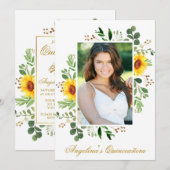 Waterverf Sunflower Greenery Foto Quinceanera Kaart (Voorkant / Achterkant)