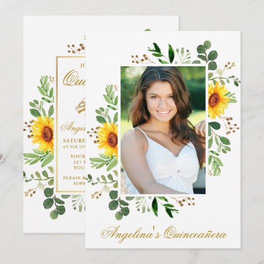 Waterverf Sunflower Greenery Foto Quinceanera Kaart (Voorkant / Achterkant)