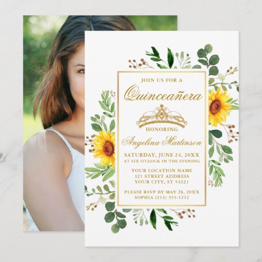 Waterverf Sunflower Greenery Quinceanera Foto Kaart (Voorkant / Achterkant)