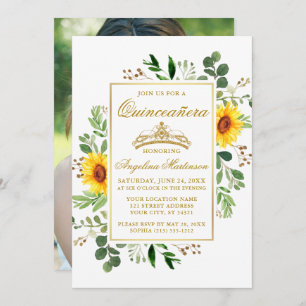 Waterverf Sunflower Greenery Quinceanera Foto Kaart