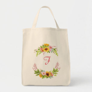Waterverf Sunflower Peonies Rozen Monogram Boho Tote Bag