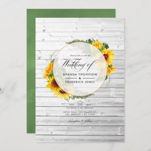 Waterverf Sunflower Rustic Country Barn Wedding Kaart (Voorkant / Achterkant)