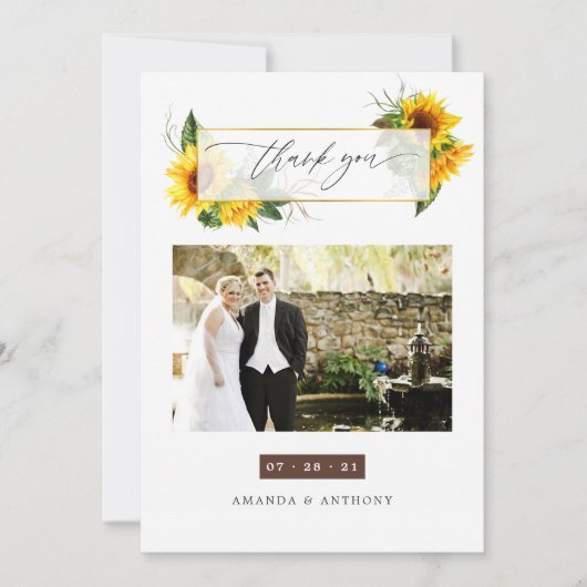 Waterverf Sunflower Rustic Wedding Foto Bedankkaart (Voorkant)