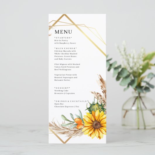 Waterverf Sunflower Rustic Wedding Menu (Staand voorkant)