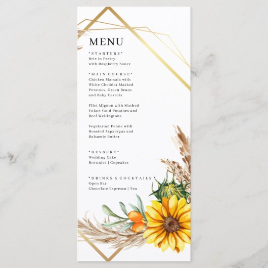 Waterverf Sunflower Rustic Wedding Menu (Voorkant)
