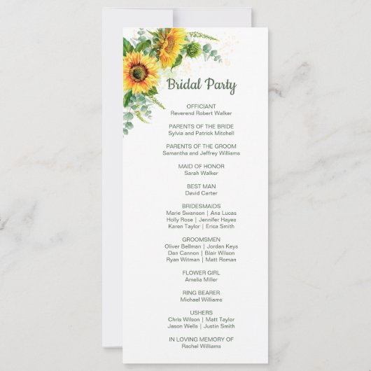 Waterverf Sunflower Rustic Wedding Program (Achterkant)