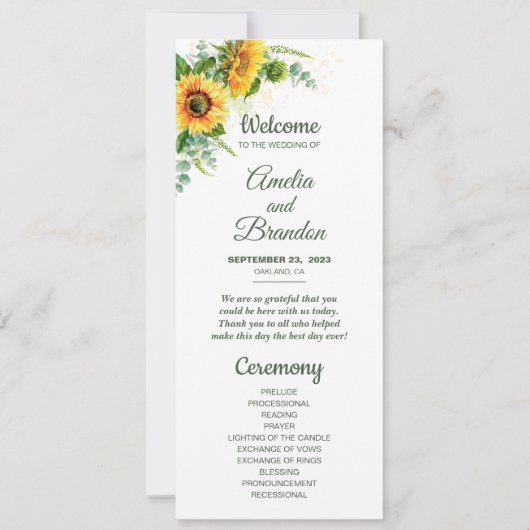 Waterverf Sunflower Rustic Wedding Program (Voorkant)