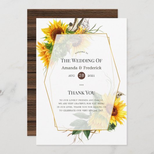 Waterverf Sunflower Rustic Wedding Programmakaart (Voorkant / Achterkant)