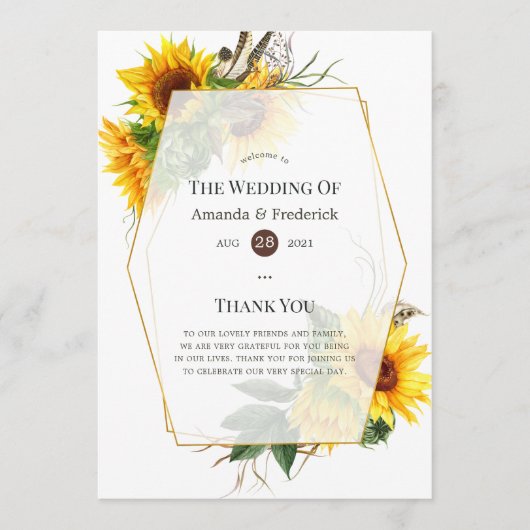 Waterverf Sunflower Rustic Wedding Programmakaart (Voorkant)
