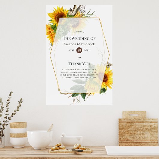 Waterverf Sunflower Rustic Wedding Welkom Poster (Keuken)