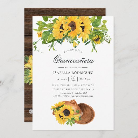 Waterverf Sunflower Rustic Western Quinceañera Kaart (Voorkant / Achterkant)
