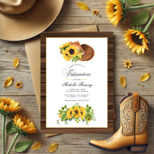 Waterverf Sunflower Rustic Western Quinceañera Kaart
