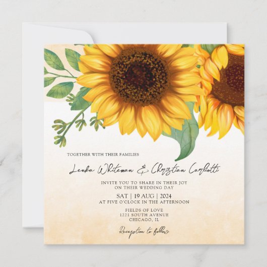 Waterverf Sunflower Square trouwuitnodiging (Voorkant)