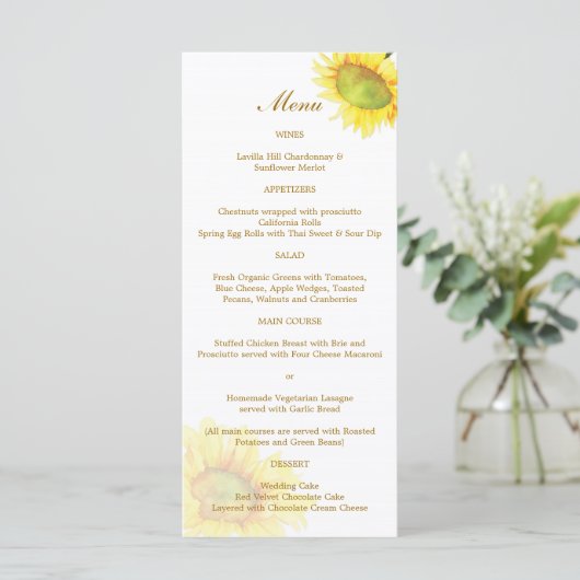 Waterverf Sunflower Wedding Menu (Staand voorkant)