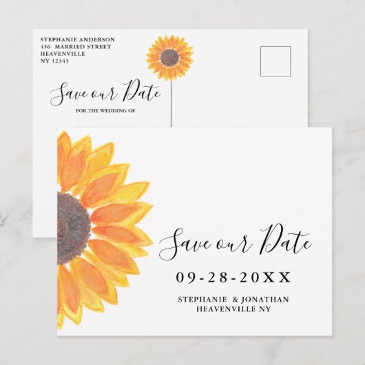 Waterverf Sunflower Wedding Save the Date Aankondigingskaart (Voorkant / Achterkant)