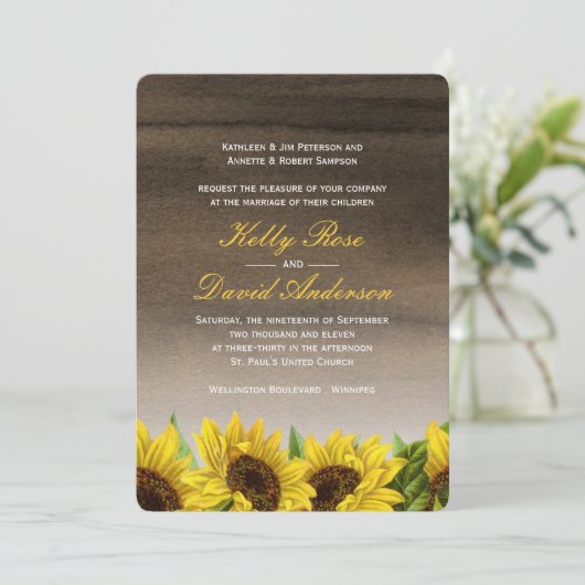 Waterverf Sunflower Wedding Uitnodiging (Staand voorkant)