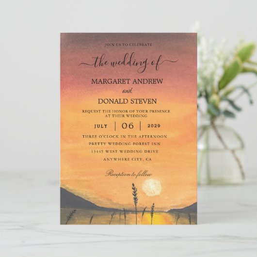 waterverf sunset barn bruiloft uitnodiging (Staand voorkant)