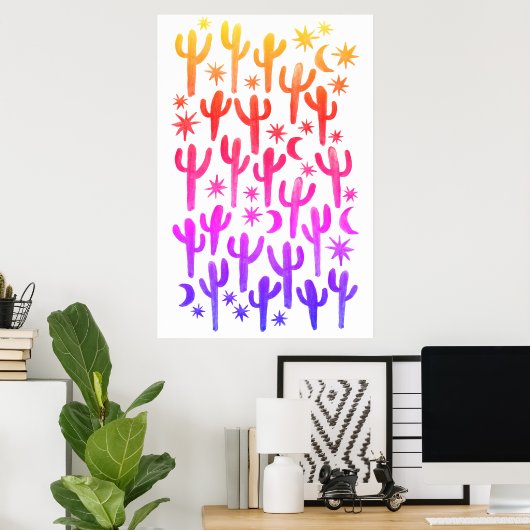 Waterverf Sunset Desert Fun Cactus Pink Pattern Poster (Thuiskantoor)