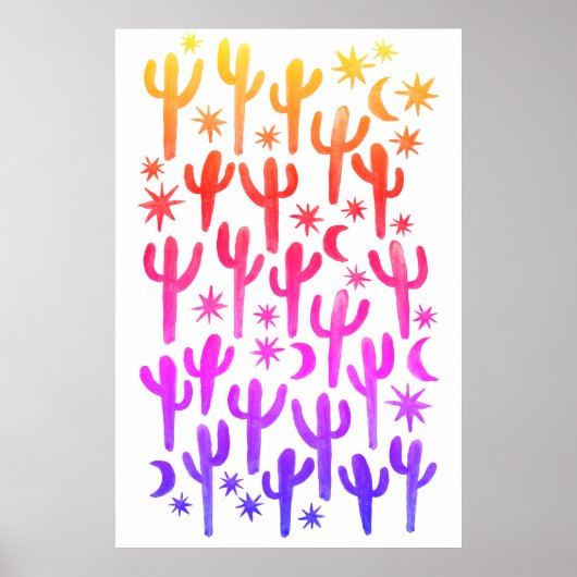 Waterverf Sunset Desert Fun Cactus Pink Pattern Poster (Voorkant)