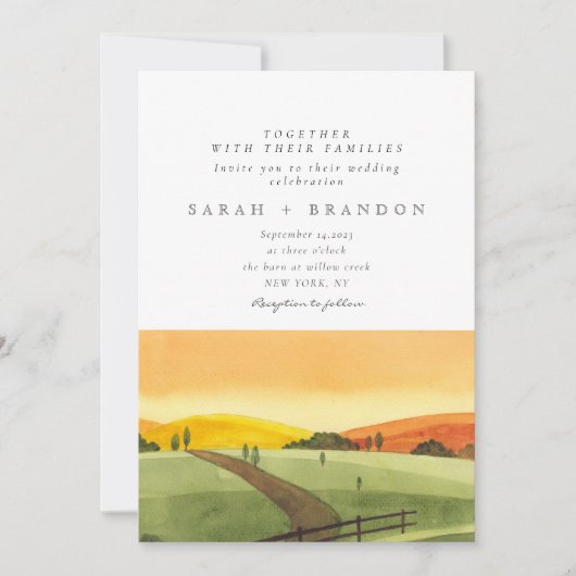 Waterverf Sunset Groene veld bruiloft uitnodiging (Voorkant)