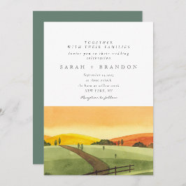 Waterverf Sunset Groene veld bruiloft uitnodiging