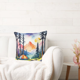 Waterverf Sunset Mountain Lake Camping Scene Kussen