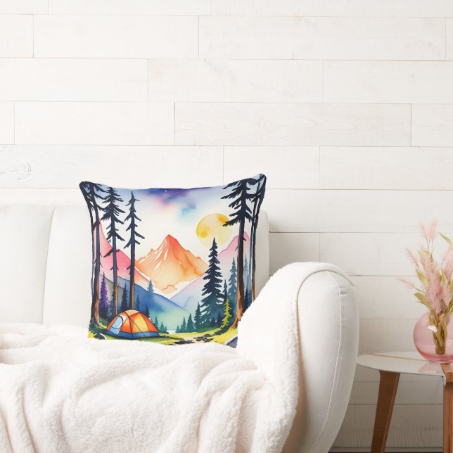 Waterverf Sunset Mountain Lake Camping Scene Kussen (Bank)
