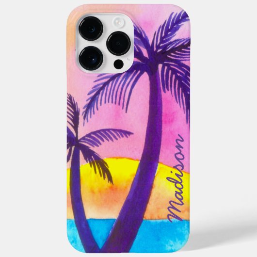 Waterverf Sunset, Ocean, Palm Trees Personalized Case-Mate iPhone Case (Achterkant)