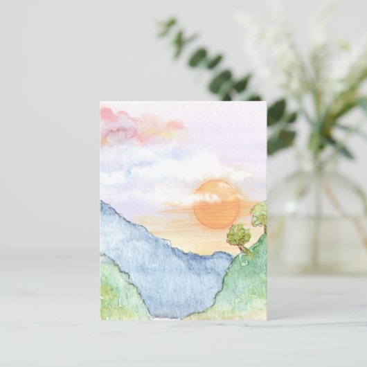 Waterverf Sunset over bergen en bomen Briefkaart (Staand voorkant)