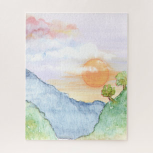Waterverf Sunset over bergen en bomen Legpuzzel