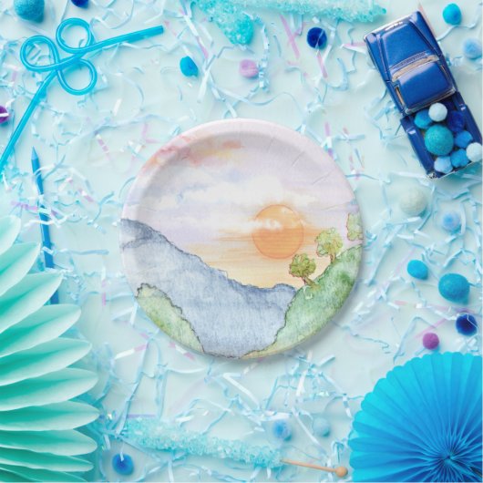 Waterverf Sunset over bergen en bomen Papieren Bordje (Feest)