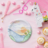 Waterverf Sunset over bergen en bomen Papieren Bordje (Feest)