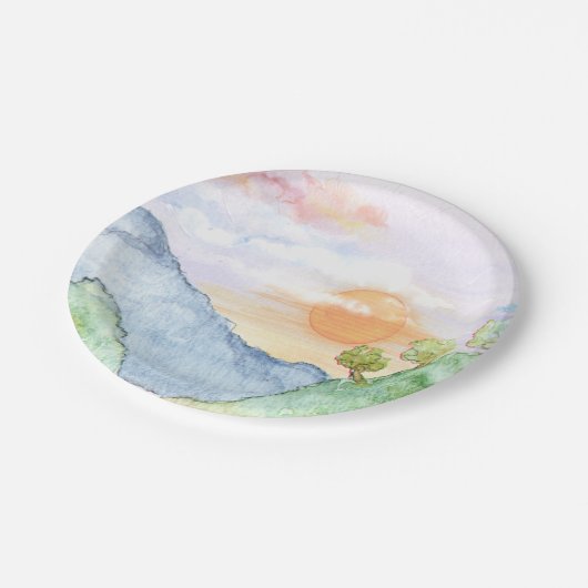 Waterverf Sunset over bergen en bomen Papieren Bordje (Gekanteld)