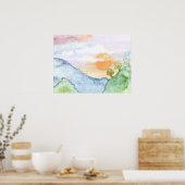 Waterverf Sunset over bergen en bomen Poster (Keuken)