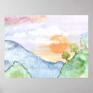 Waterverf Sunset over bergen en bomen Poster