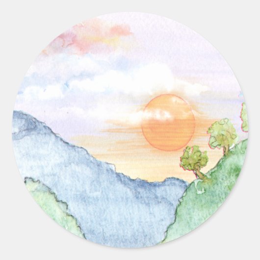 Waterverf Sunset over bergen en bomen Ronde Sticker (Voorkant)