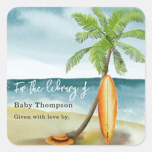 Waterverf surf Beach - voor de bibliotheek van Vierkante Sticker (Voorkant)