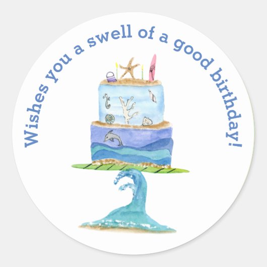 Waterverf Surf Birthday Cake Ronde Sticker (Voorkant)
