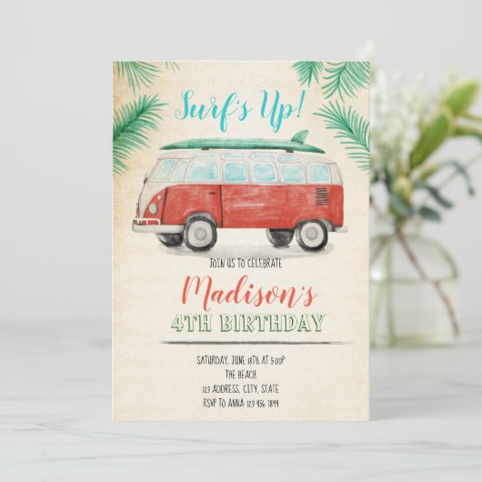 Waterverf surf uitnodiging (Staand voorkant)