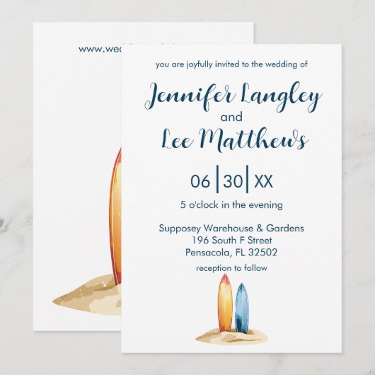 Waterverf surfplank bruiloft kaart (Voorkant / Achterkant)