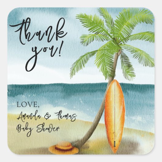 Waterverf surfplank op het strand - dank u vierkante sticker (Voorkant)